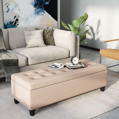 Bank – Sofa – Zitbank – Bench – Beige – Met Opbergruimte – Flanelstof Met Knoopjes – Draaggewicht 120 kg – 125 x 49 x 41,5 cm