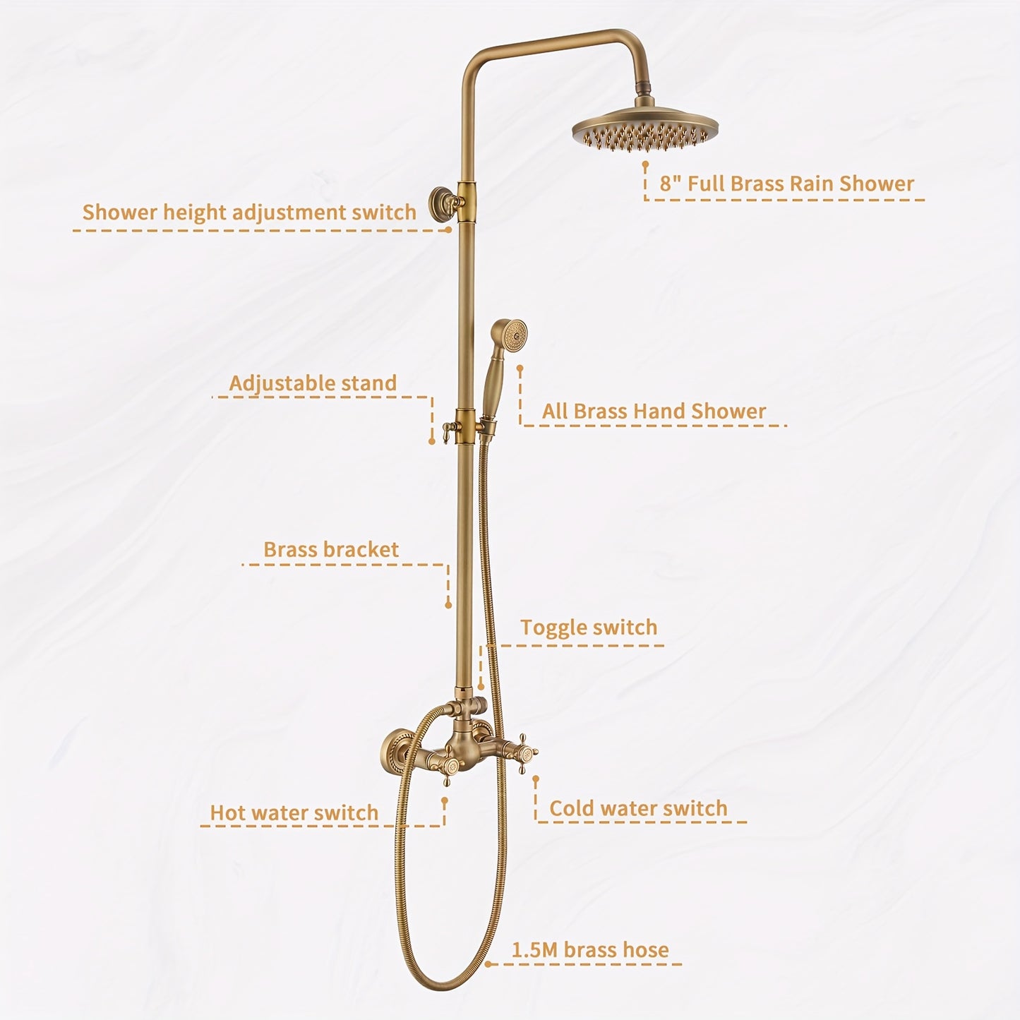 Douche- en Badset – Douchekraan – Badkraan – Doucheset – Badset – Koper Uitvoering – Muurbevestiging – Zonder Temperatuurregeling