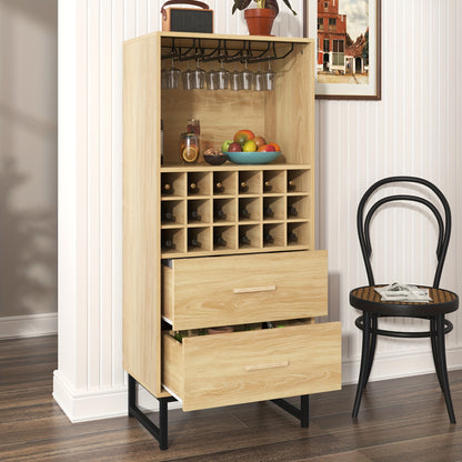 Wijnrek – Wijnkast – Flessenrek – Wijnopslag – Wijnfleshouder – Beige Houten Design – 18 Vakken Met 2 Lades – Matte Zwarte Metalen Pootjes