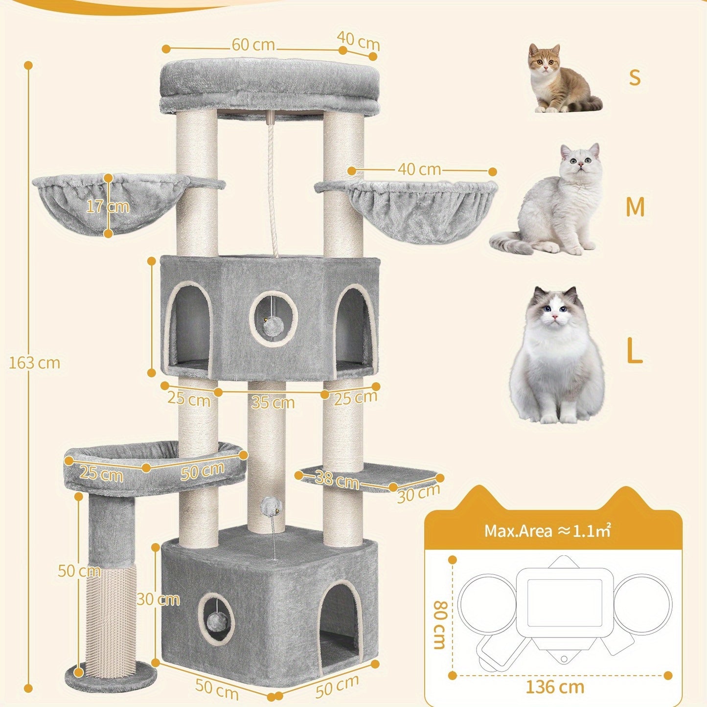 Kattentoren – Krabpaal – Klimpaal – Kattenhuis – Kattenmeubel – Lichtgrijs Beige – 163 cm Hoog – 10 cm Dikke Sisal Krabpalen