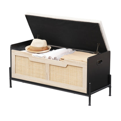 Schoenenbank – Schoenenkast – Opbergbank – Zitbank – Opbergkist – Extra breed – Veiligheidscharnieren – Draagkracht 99,79 kg – Zwart metalen rattan-look