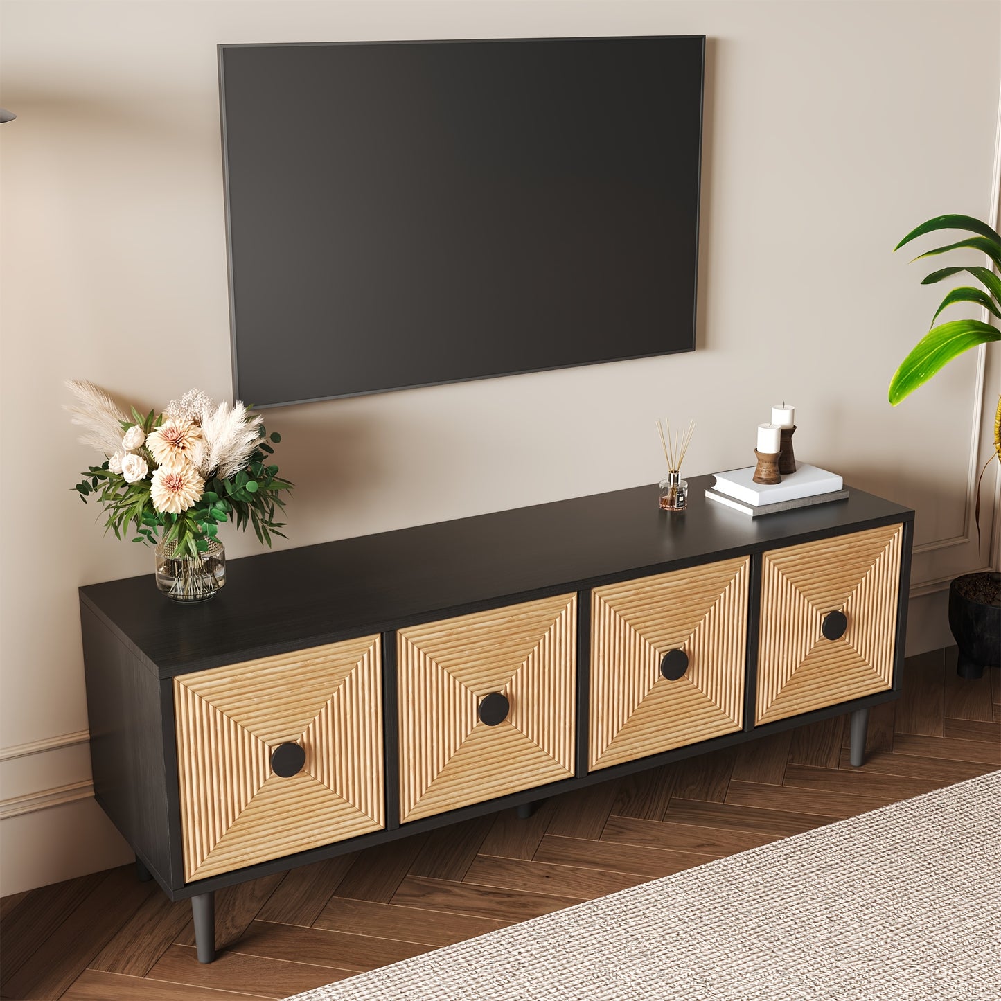 TV-meubel – Tv-kast – Lowboard – Media meubel – Entertainment kast – Zwart met bamboe – Laag design 150x38x55 cm – Ruime opbergruimte