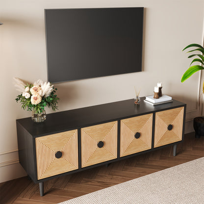 TV-meubel – Tv-kast – Lowboard – Media meubel – Entertainment kast – Zwart met bamboe – Laag design 150x38x55 cm – Ruime opbergruimte