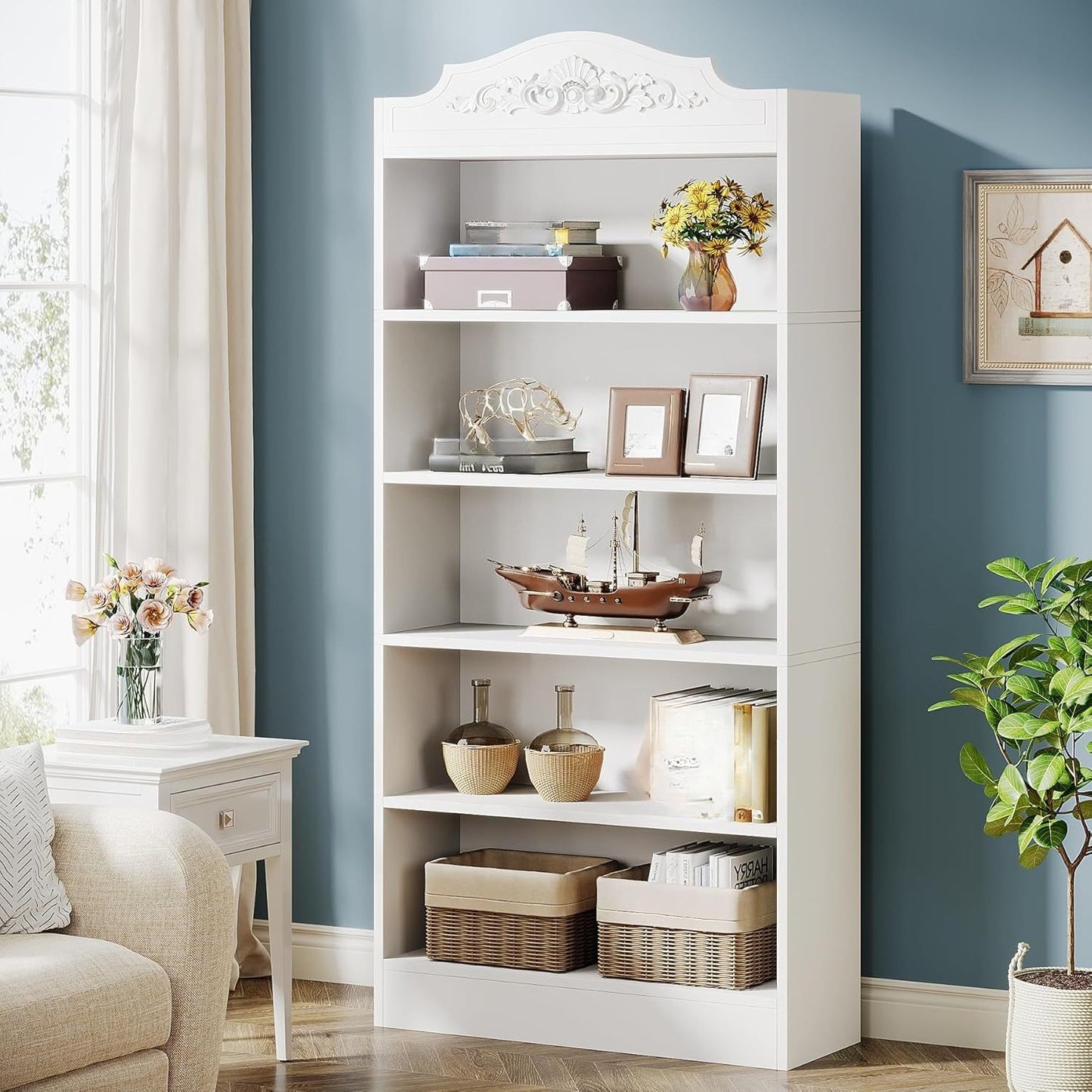 Boekenkast – Boekplank – Boekenrek – Opbergkast – Boekenschap – Slank en Ruim – 185 cm Hoog – 5 Stevige Planken – Houten Constructie – Wit
