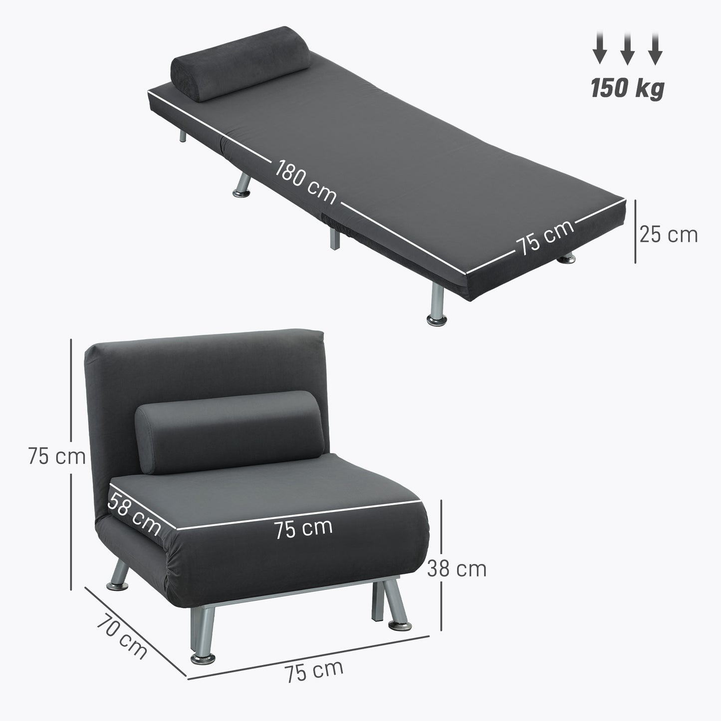 Inklapbare Relaxstoel – Vouwstoel – Ligstoel – Relaxbed – Zitbed – Donkergrijs Velvet – Verstelbare Rugleuning – Compact Opvouwbaar