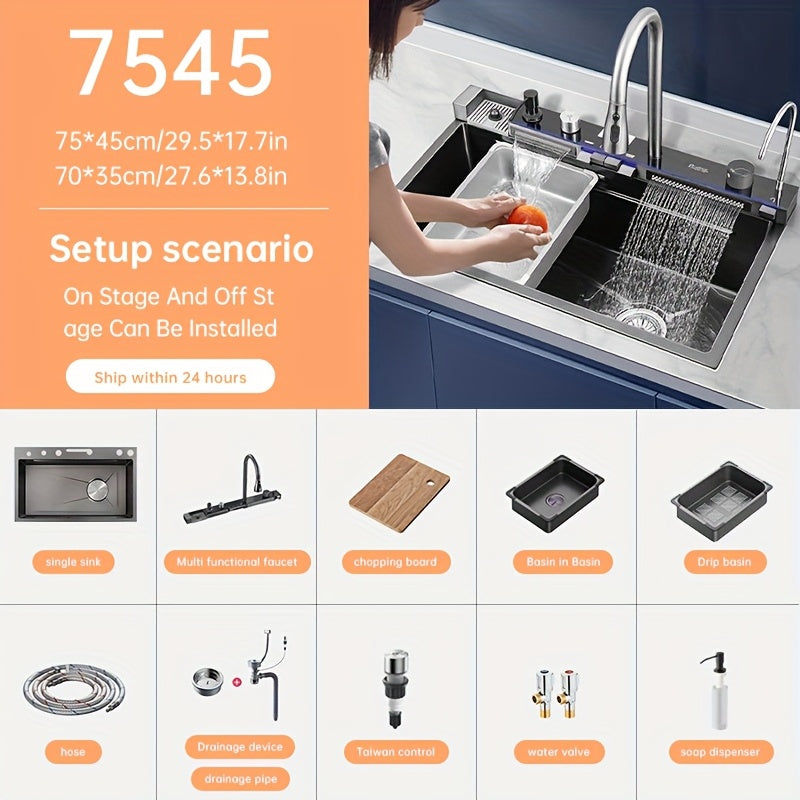 Musurjoy 74.93/67.82cm Intelligent Kitchen Sink, Single-basin Design Made Of Stainless Steel, Equipped with A Pull-down Faucet, Smart Countertop Control, And Other Accessories. Suitable for Kitchens, Dining Rooms, And Bars; A