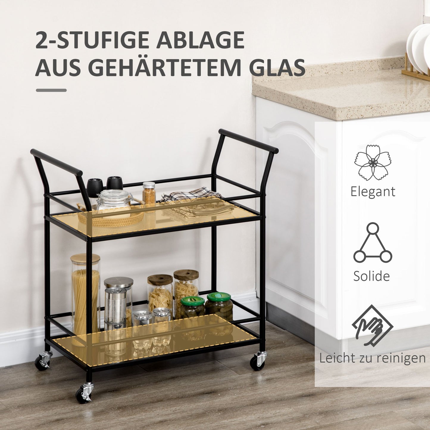 Keukentrolley – Serveerwagen – Keukenwagen – Rolwagen – Opbergtrolley – 2 glazen planken – Metalen frame – 75x40x80 cm – Zwart – 4 zwenkwielen met remmen