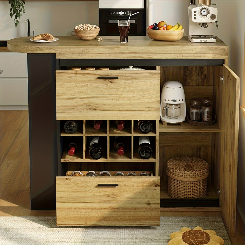 Eettafel – Keukentafel – Tafel – Uitschuifbare Tafel – Bar tafel – Verstelbaar tot 220 cm – Rattan met Opbergruimte en Wijnrek