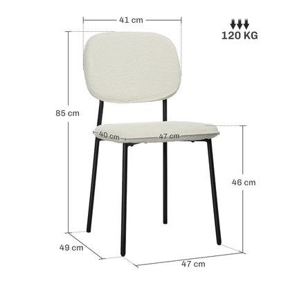 Eetkamerstoel – Stoel – Dinersstoel – Armstoel – Kuipstoel – Set van 4 – Wit Stof – Stalen Poten – Armlos – Comfortabel