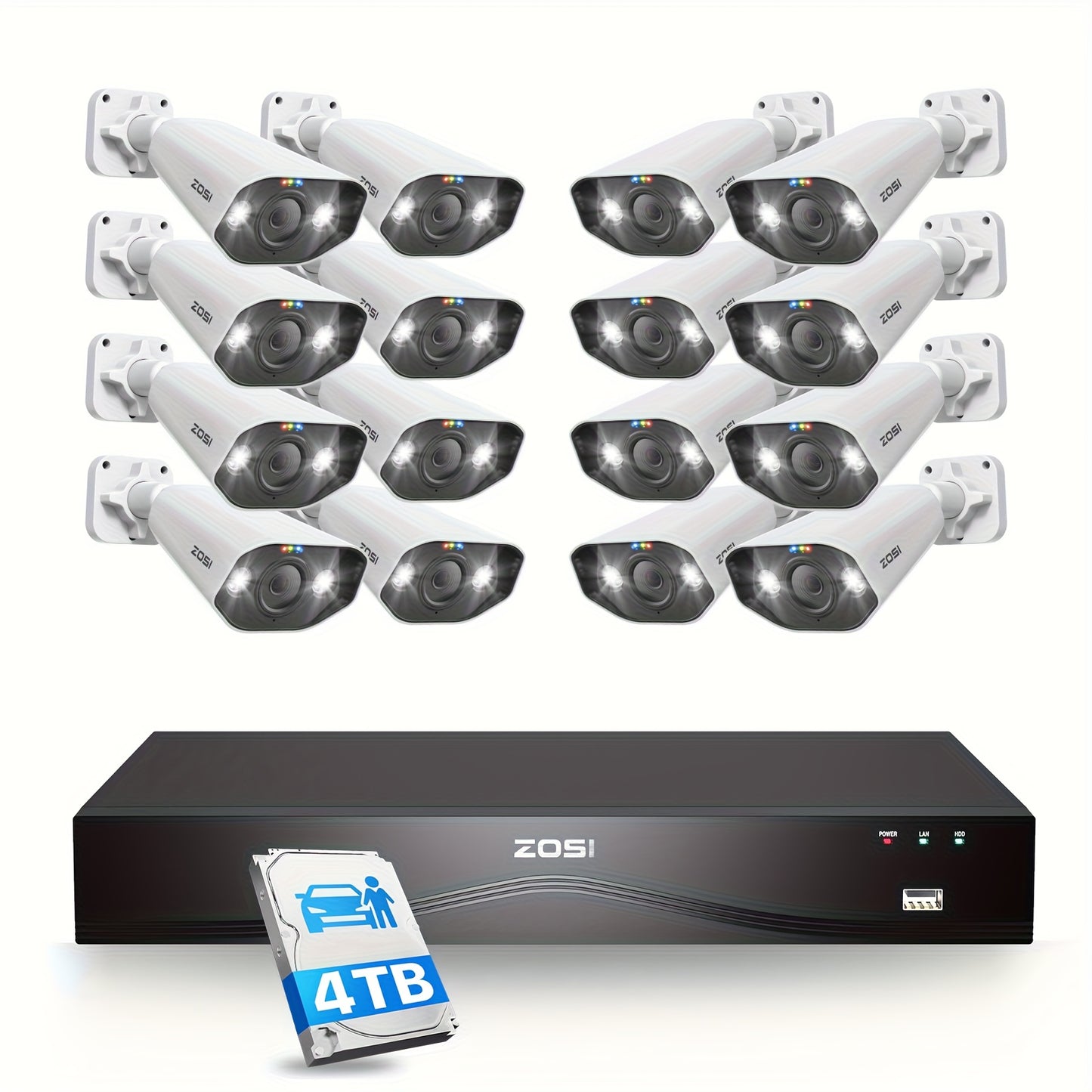 16-kanaals 4K Beveiligingscamera Set – Videobewaking – CCTV Systeem – IP Camera Set – POE Beveiliging – AI Detectie Personen & Voertuigen – Spotlight en Tweewegs Audio