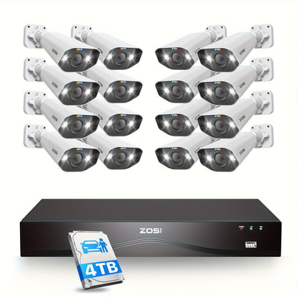 16-kanaals 4K Beveiligingscamera Set – Videobewaking – CCTV Systeem – IP Camera Set – POE Beveiliging – AI Detectie Personen & Voertuigen – Spotlight en Tweewegs Audio