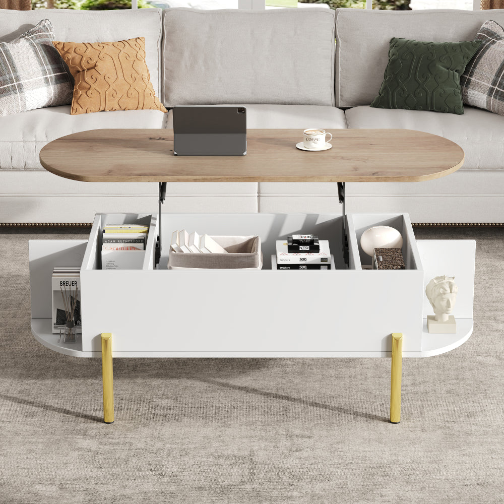 Salontafel – Koffietafel – Bijzettafel – Woonkamertafel – Verstelbare Tafel – Verstelbaar Hoogte – Uitbreidbaar Tafelblad – 7 Opbergrekken – Wit/Geel Metalen Frame