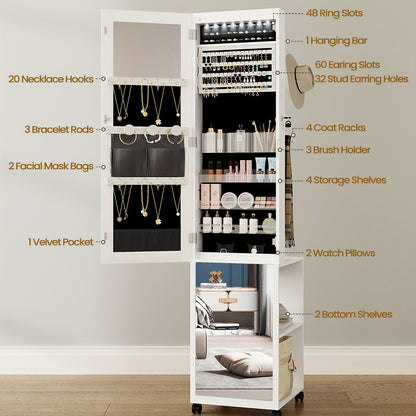 Juwelenkast – Sieradenkast – Sieraden Organizer – Spiegelkast – Staande Opberger – Witte Kast Met Beige Voering – 5-in-1 Opbergsysteem – Compact En Duurzaam
