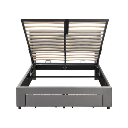 Padded Bed 140190 with Slatted Box Spring And Headboard Storage Bed Hydraulic Padded Double Bed with 2 Drawers Support for Gray Velvet Wood