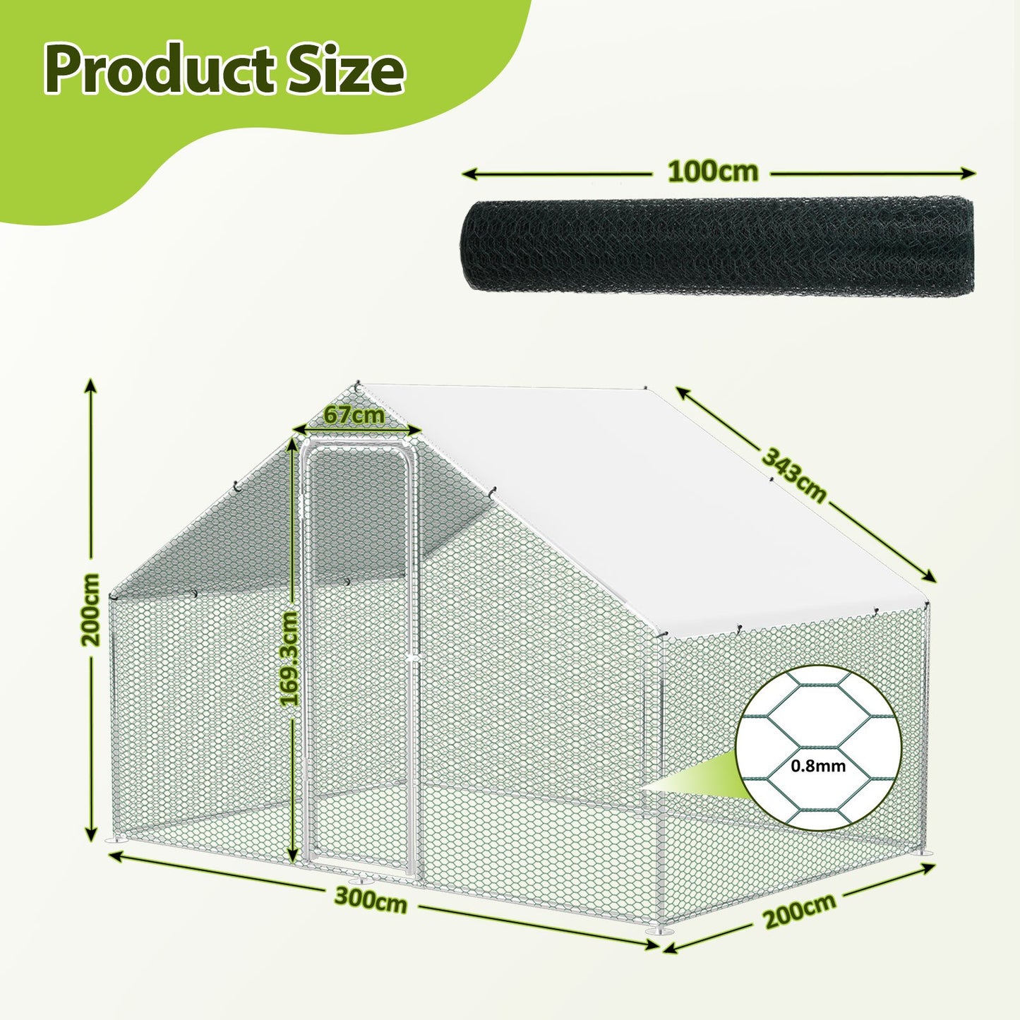 Buitenren Kippenren Konijnenren Dierenren Hokken – 300x600x200 cm – Gegalvaniseerd Stalen Frame – Weerbestendig Met PE-Zonwering