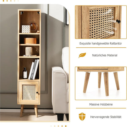 Hoge Kast – Opbergkast – Boekenkast – Kolomkast – Smalle Kast – Rattan Deur – Verstelbare Planken – Massief Hout Oak