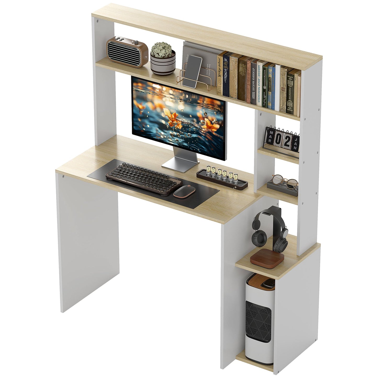 Bureau – Computerbureau – Schrijftafel – Werkplekmeubel – Thuiswerkbureau – Lichtbruin Eiken Wit – Met Open Opbergruimte – Inclusief Stevige CPU-standaard
