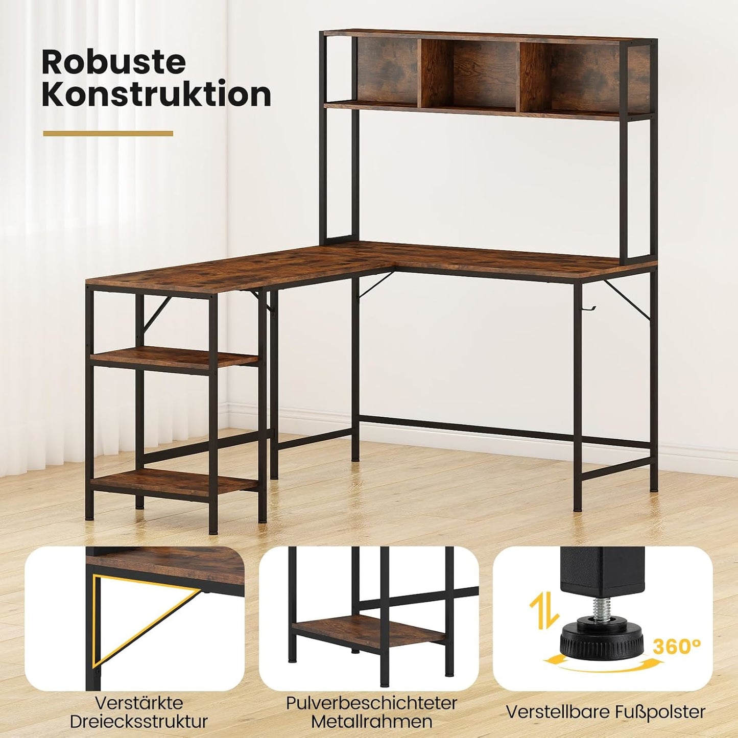 L-vormig Bureau – Hoekbureau – Computerbureau – Werktafel – Bureau met Opbergruimte – Rustiek Bruin – Grote Werkruimte – Stevig Metaal en Hout