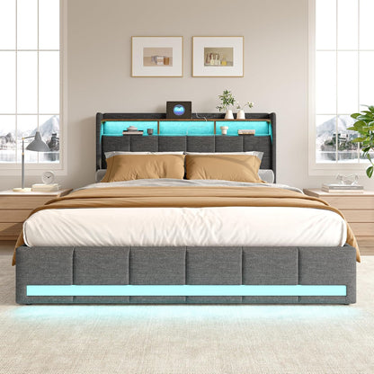 Bedframe – Tweepersoonsbed – Gestoffeerd Bed – Opbergbed – Bed met Laden – LED-verlichting – USB-oplaadfunctie – 160x200 cm – Grijze Linnen Bekleding