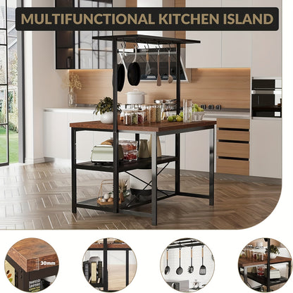 Bakers Rack – Keukenrek – Magnetronstandaard – Opbergrek – Koffiebar – Robuust Metaal – 106 cm Breed – 3-laags Met 5 Haken – Mobiel Met Wieltjes - Bruin