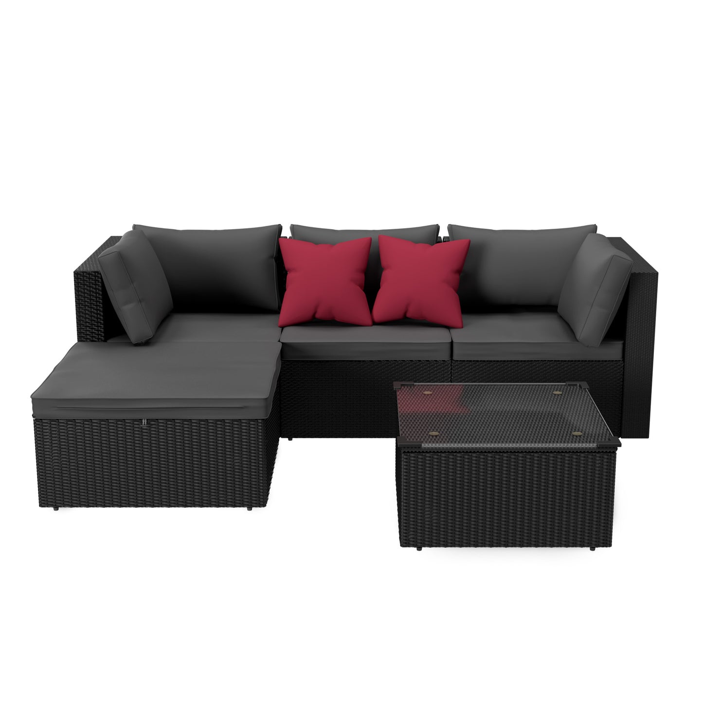 Tuinmeubelset – Balkonmeubels – Loungeset – Rotan Meubels – Buitenmeubels – 5-delig PVC Rattan – Met Kussens En Glazen Tafel – Zwart