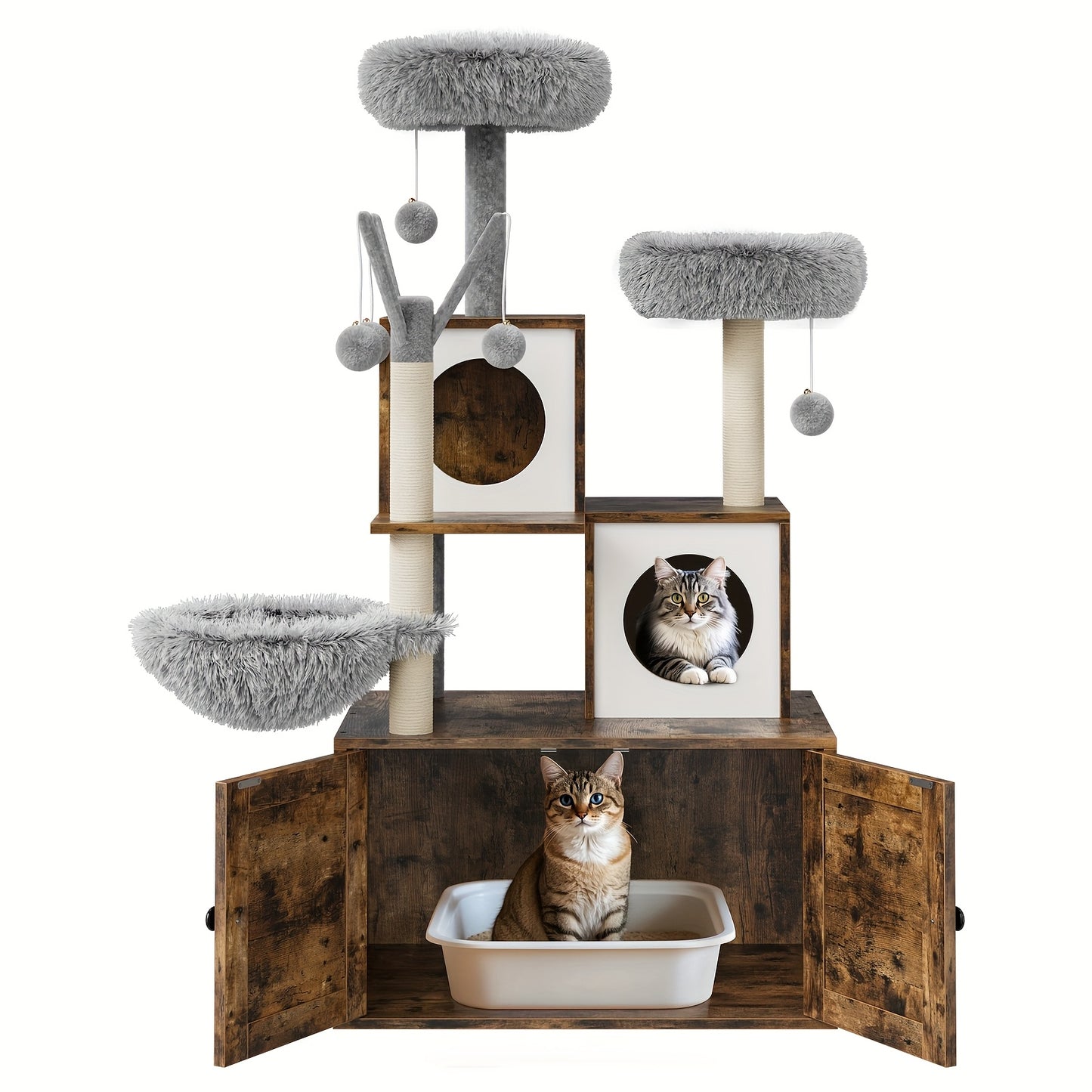 3-in-1 Kattenmeubel – Krabpaal – Kattenboom – Kattenhuis – Kattenmand – Verborgen Kattenbak – Zacht Pluche Bed – Compact Ruimtebesparend Design