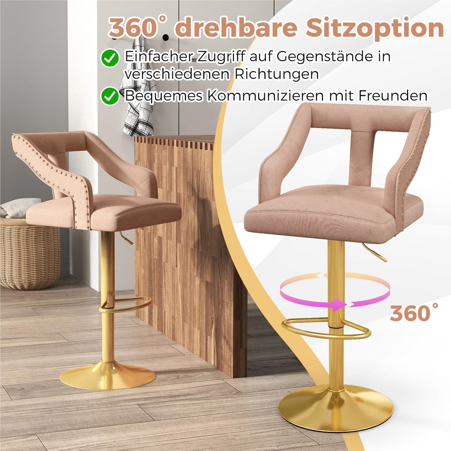 Barstoel – Barkruk – Barstoel Kruk – Keukenstoel – Barstoel Set Van 2 – Verstelbare Zithoogte 63-85 cm – Zachte Roze Velvet Bekleding