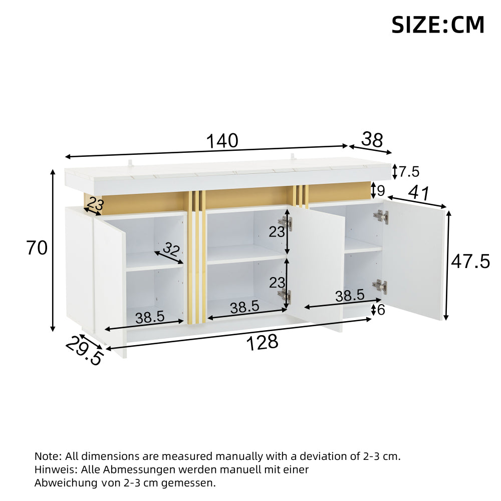 Modern White Sideboard/Display Cabinet | Three-Door Design with Adjustable Shelves, Suitable for Kitchens, Living Rooms, Dining Rooms, Hallways, Platinum Stitching, Spacious Handle-Less Compartments, Contemporary Style, Metal