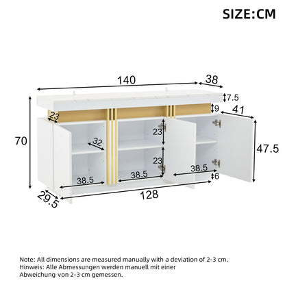 Modern White Sideboard/Display Cabinet | Three-Door Design with Adjustable Shelves, Suitable for Kitchens, Living Rooms, Dining Rooms, Hallways, Platinum Stitching, Spacious Handle-Less Compartments, Contemporary Style, Metal