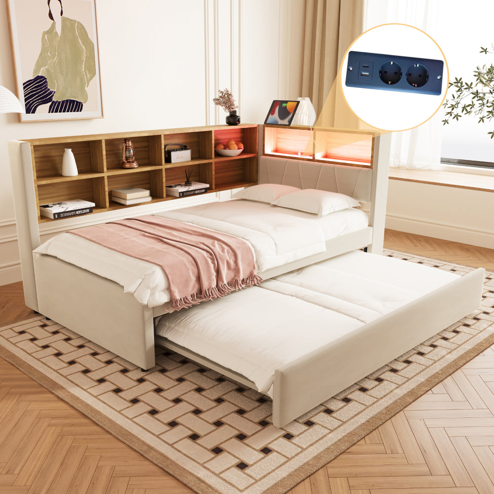 Sofa Bed 90x200, Pull-out Bed 90x190, Equipped with Multiple Storage Compartments, Upholstered Bed, Multi-functional Sofa Bed, Single Bed, Flannel, Beige.