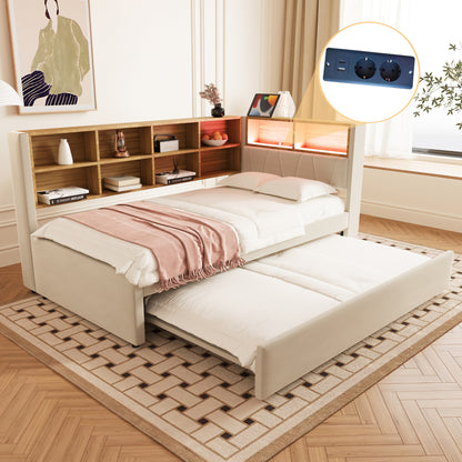 Sofa Bed 90x200, Pull-out Bed 90x190, Equipped with Multiple Storage Compartments, Upholstered Bed, Multi-functional Sofa Bed, Single Bed, Flannel, Beige.