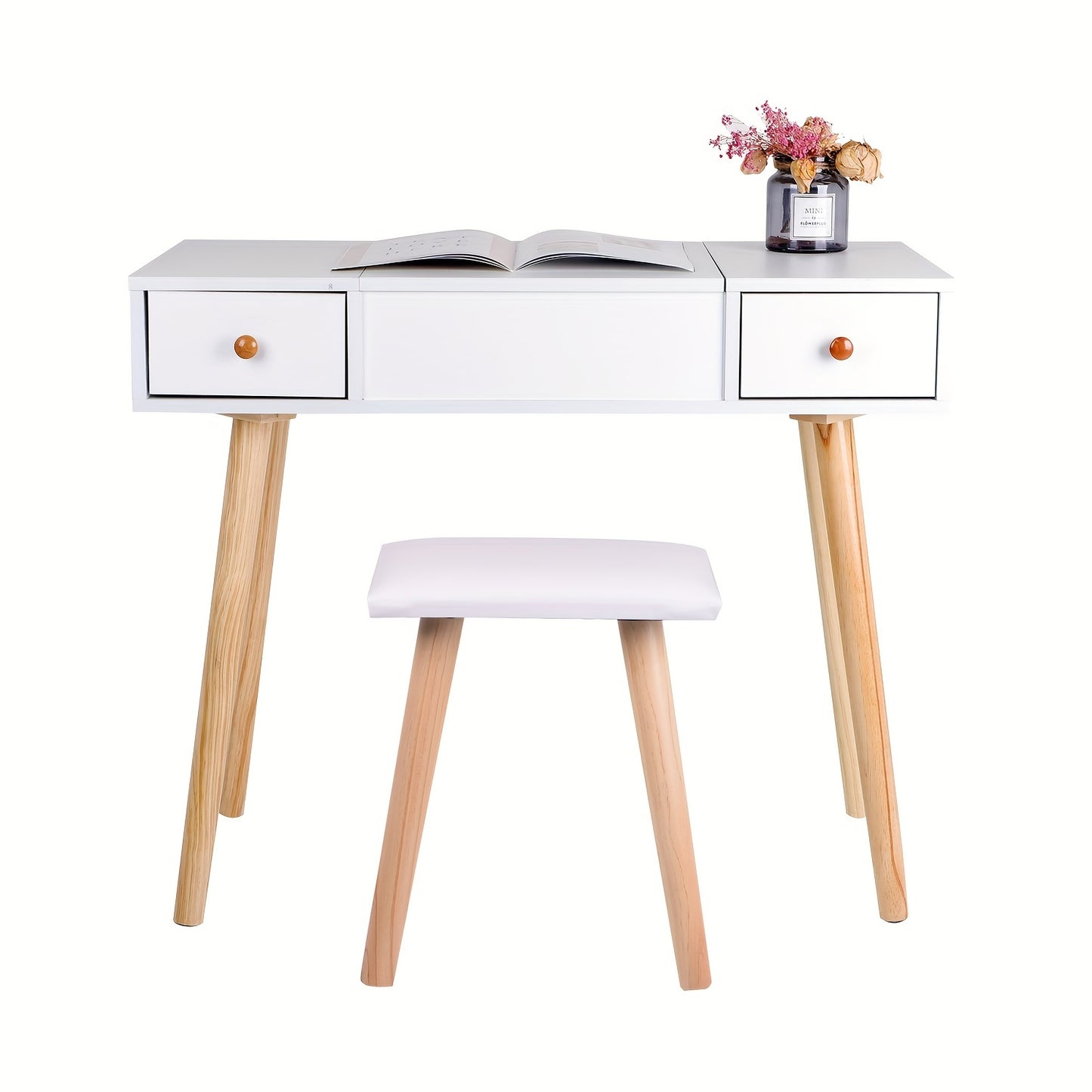 Make-up Tafel – Make-uptafel – Dressing Table – Kaptafel – Schminktisch – Wit – Scandinavisch Design – Vouwdeksel Met Spiegel – 2 Lades En 5 Opbergvakken