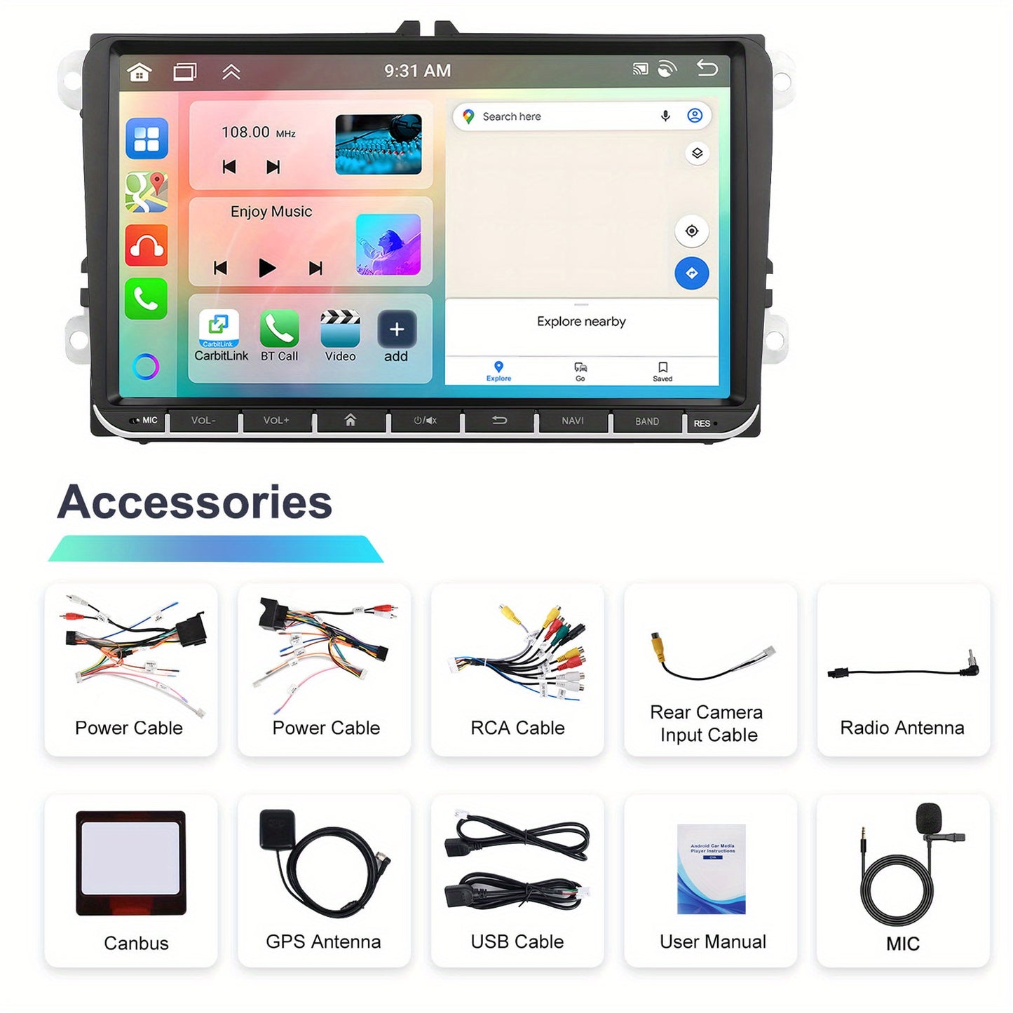 Android 15 Car Radio – Autoradio – Multimedia Systeem – Navigatiesysteem – Touchscreen Radio – 8-Core Processor – 6+128GB Geheugen – Draadloze CarPlay & Android Auto – 22,86 cm GPS Scherm