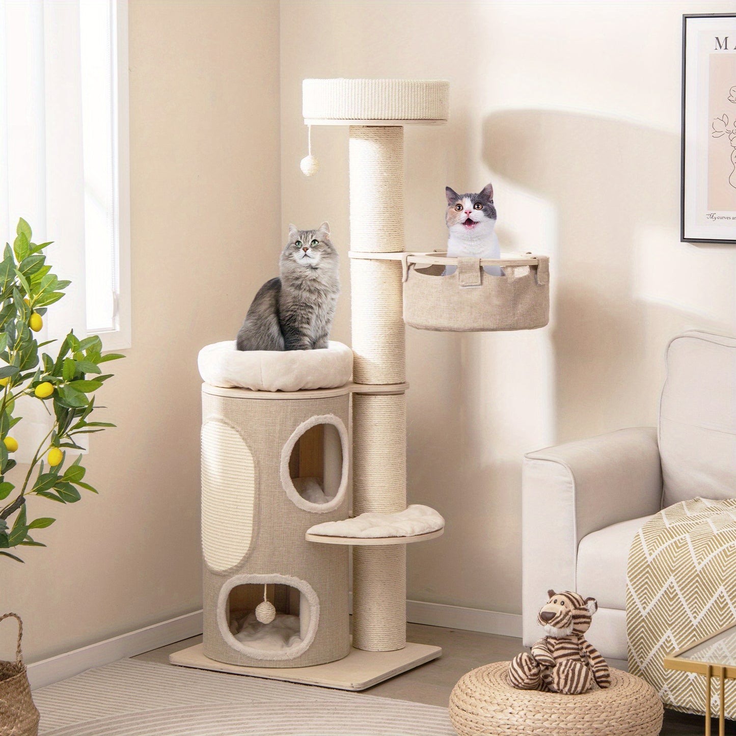 Krabpaal – Kattenboom – Kattenhuis – Kattenmeubel – Kattentoren – 154 cm Hoog – Stevige Basis met Sisal Krabpalen
