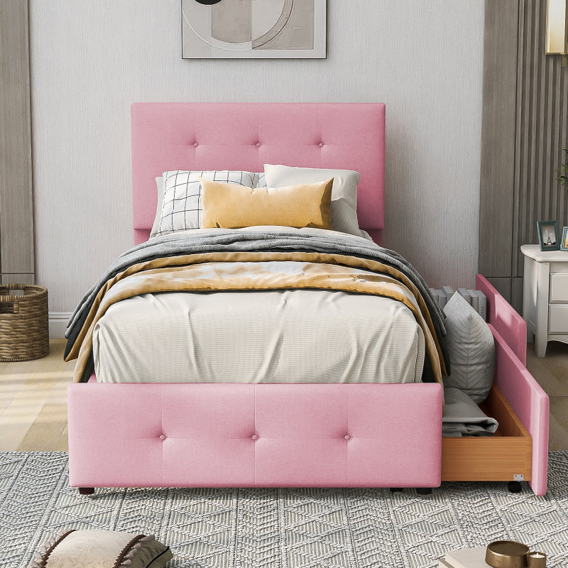 Eenpersoonsbed – Bed – Slaapbank – Kinderbed – Logeerbed – Roze Bekleding – Twee Opberglades – Laag Laagstaand Frame – Volledig Gemonteerd