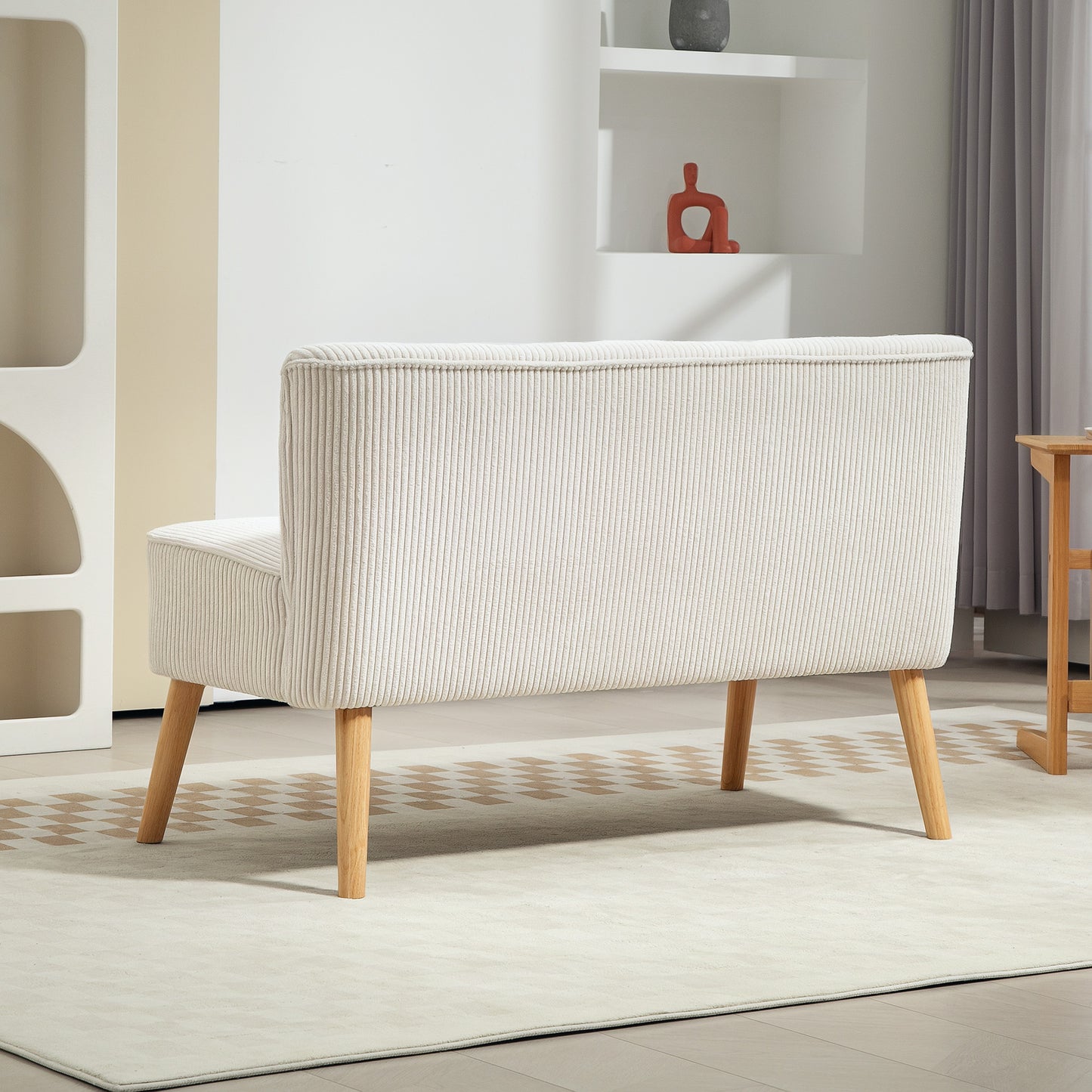 2-zits bank – tweezits sofa – loveseat – zitbank – kleine bank – zonder armleuningen – crème wit – gestoffeerd met cord stof – compacte loungebank – houten poten – 117x56,5x77 cm