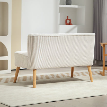 2-zits bank – tweezits sofa – loveseat – zitbank – kleine bank – zonder armleuningen – crème wit – gestoffeerd met cord stof – compacte loungebank – houten poten – 117x56,5x77 cm