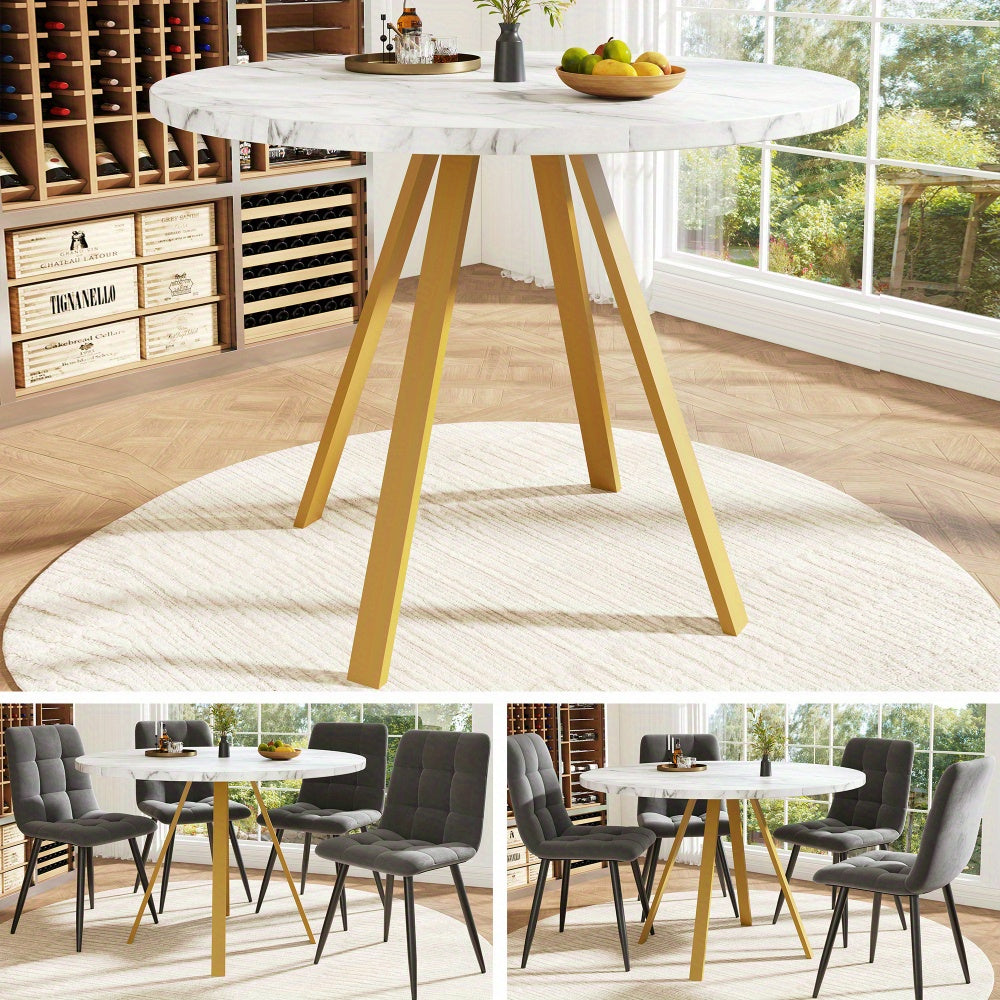 Ronde Eettafel – Ronde Tafel – Keukentafel – Eettafel 4 Personen – Koffietafel – Metalen Gouden Poten – Witte Marmerlook – 80x80x75 cm