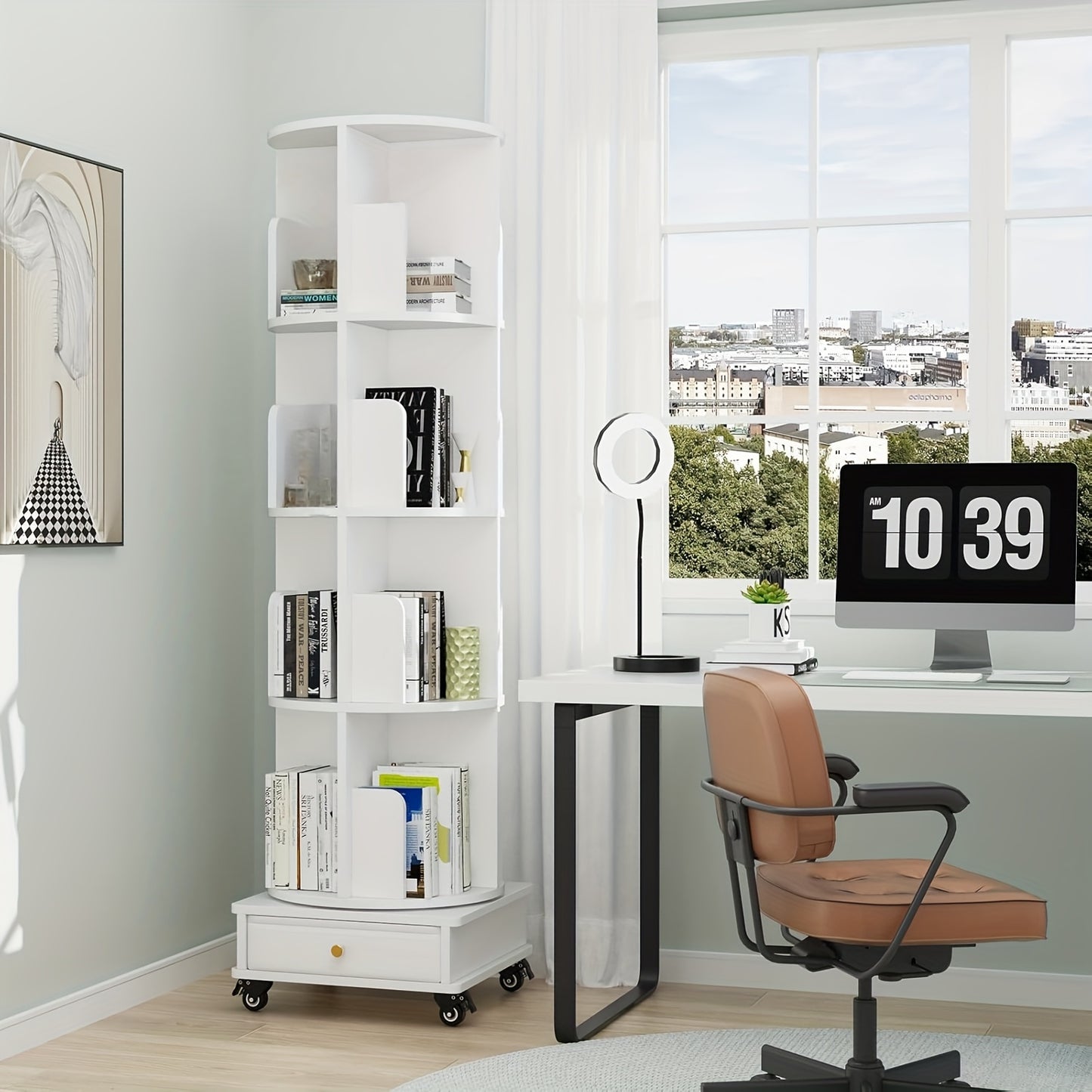 Boekenrek – Boekenplank – Boekenkast – Opbergkast – Wit – 4-Lagen Met Lade – 360° Draaibaar Met Wieltjes