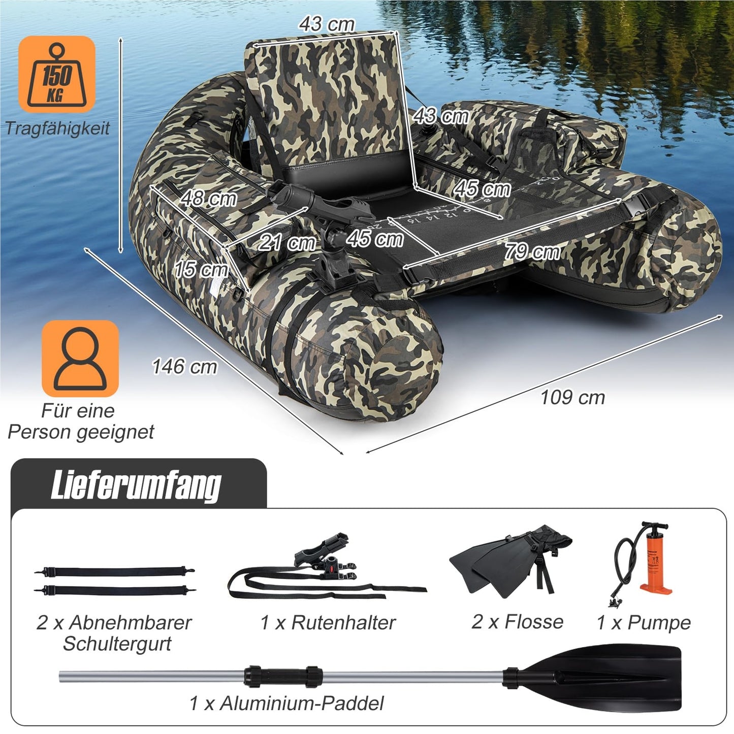 Opblaasboot – Rubberboot – Visboot – Roeiboot – Bellyboot – 150 kg Draagvermogen – Inclusief Hengelhouder en Vismaat