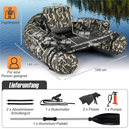 Opblaasboot – Rubberboot – Visboot – Roeiboot – Bellyboot – 150 kg Draagvermogen – Inclusief Hengelhouder en Vismaat