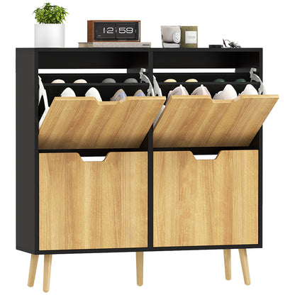 Schoenenkast – Schoenenrek – Schoenenopberger – Halmeubel – 4 Deuren – 16 Paar Schoenen – Verstelbare Planken – Zwart MDF Met Houten Poten