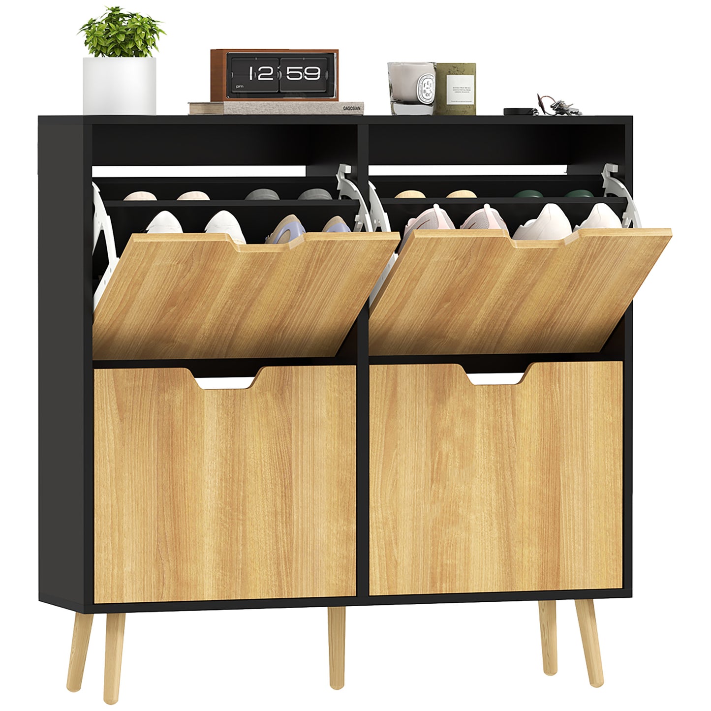 schoenenkast – schoenenrek – schoenenopberger – schoenenmeubel – 4 deuren – verstelbare planken – hout – zwart – 16 paar schoenen – compact hoog design