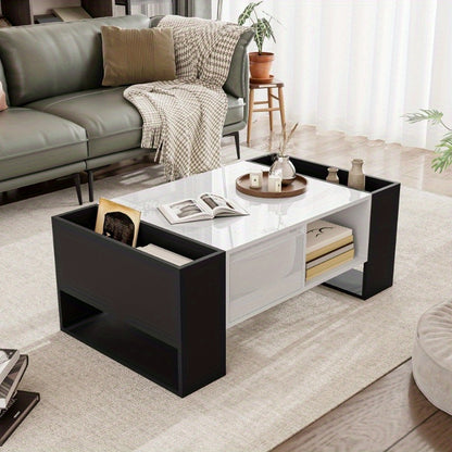 Salontafel – Koffietafel – Woonkamertafel – Bijzettafel – Lounge tafel – Modern Design – Hoogglans Zwart-Wit – Met Lade en Open Vak – 105x60x40,5 cm – Duurzaam Material