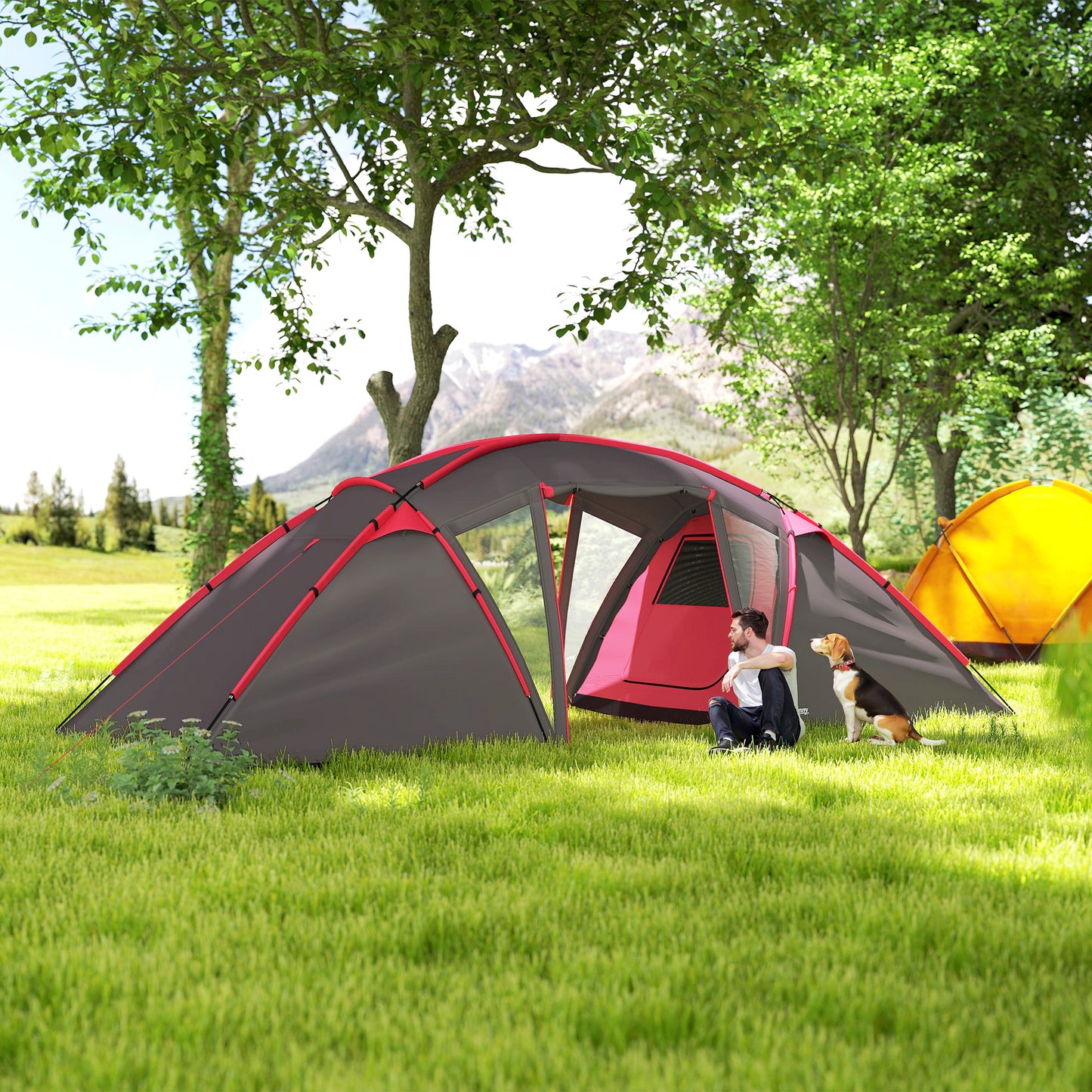 Tunneltent – Campingtent – Familietent – Kampeertent – Outdoor Tent – Voor 4-6 Personen – Drie Aparte Kamers – Dubbelen Deuren – Lichtgrijs