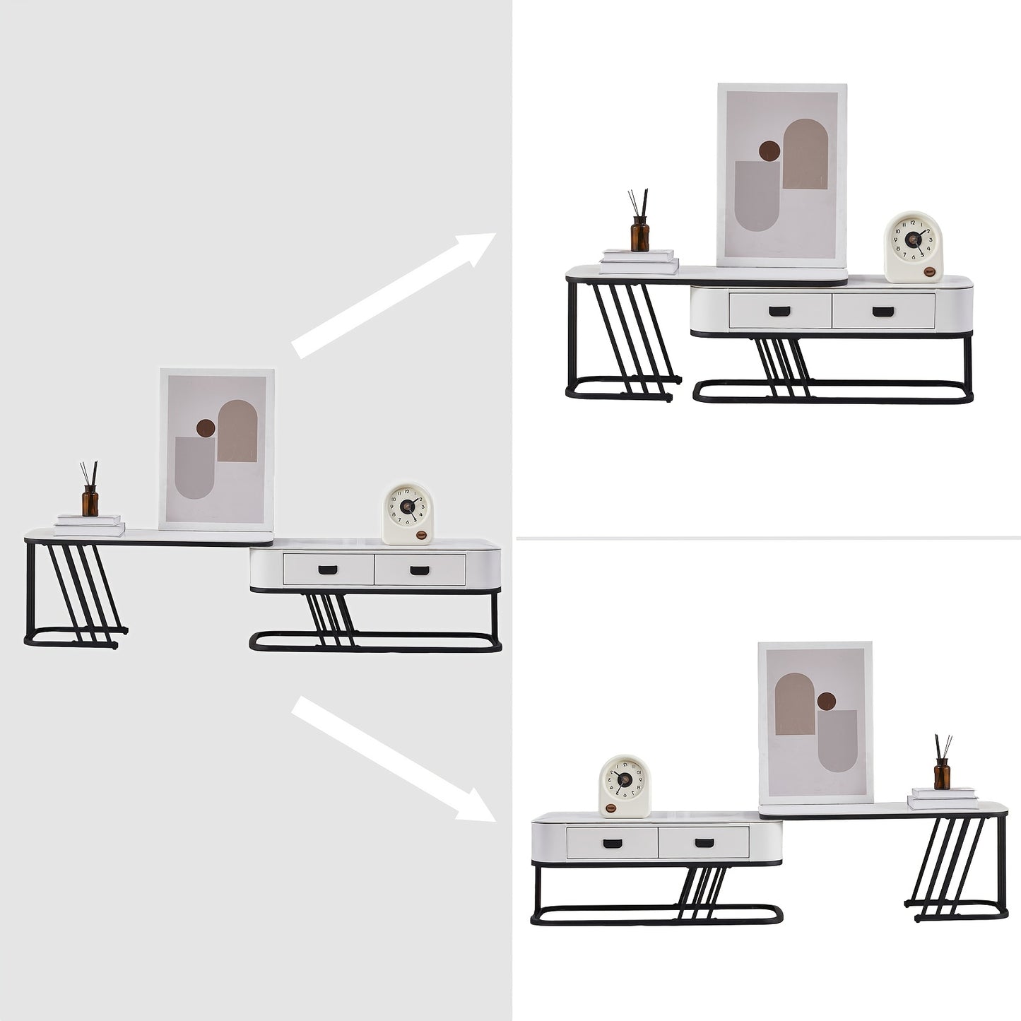 TV-meubel – TV-kast – TV-ladekast – TV-dressoir – TV-rek – Verstelbaar tot 180 cm – Met Robuust Metalen Frame en Stenen Blad