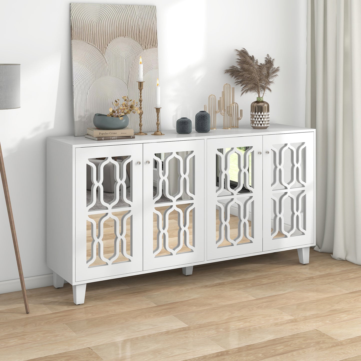 Sideboard – Dressoir – Kast – Opbergkast – Buffetkast – Wit Met Spiegeldeuren – Kristallen Handgrepen – 160x40x84 Cm – Verstelbare Binnenplank