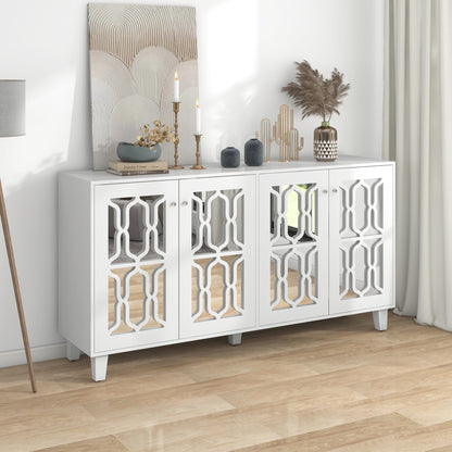 Sideboard – Dressoir – Kast – Opbergkast – Buffetkast – Wit Met Spiegeldeuren – Kristallen Handgrepen – 160x40x84 Cm – Verstelbare Binnenplank