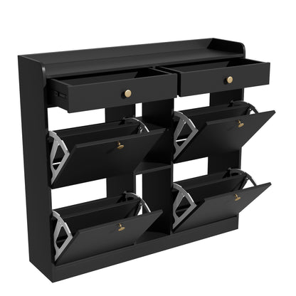 Schoenenkast – Schoenenopberger – Schoenenrek – Schoenenmeubel – Schoenenkast Zwart – Compact Ontwerp 110x26x100 cm – Vier Klepdeuren Met Lades