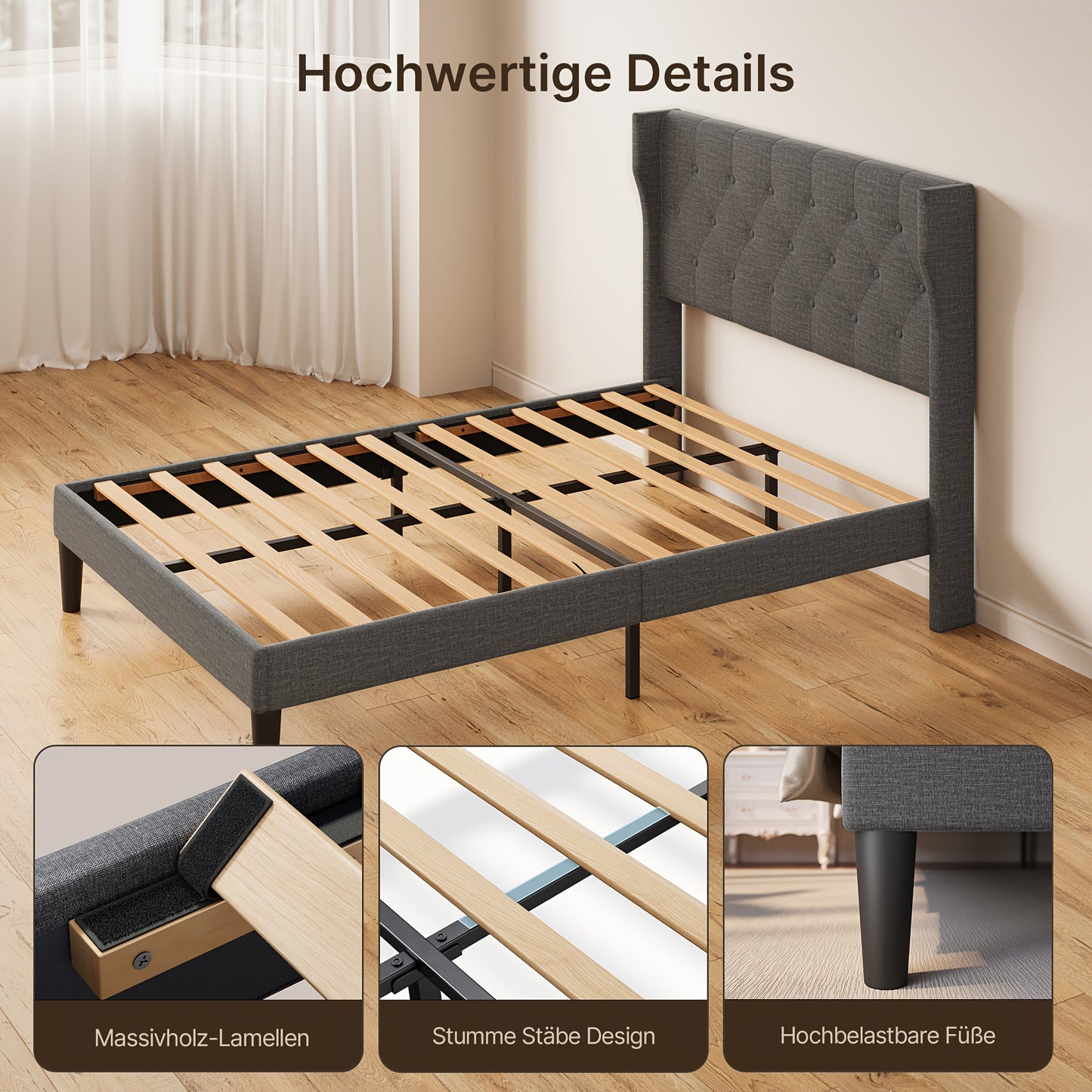 Bedframe 140x200 – Tweepersoonsbed – Slaapbank – Lattenbodem – Boxspring – Stille Lattenbodem – Opbergruimte 20 cm – Hout & Metaal – Modern Marmerprint Hoofdeinde